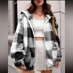 Cozy Buffalo plaid lantern sleeve hoodie teddy jacket